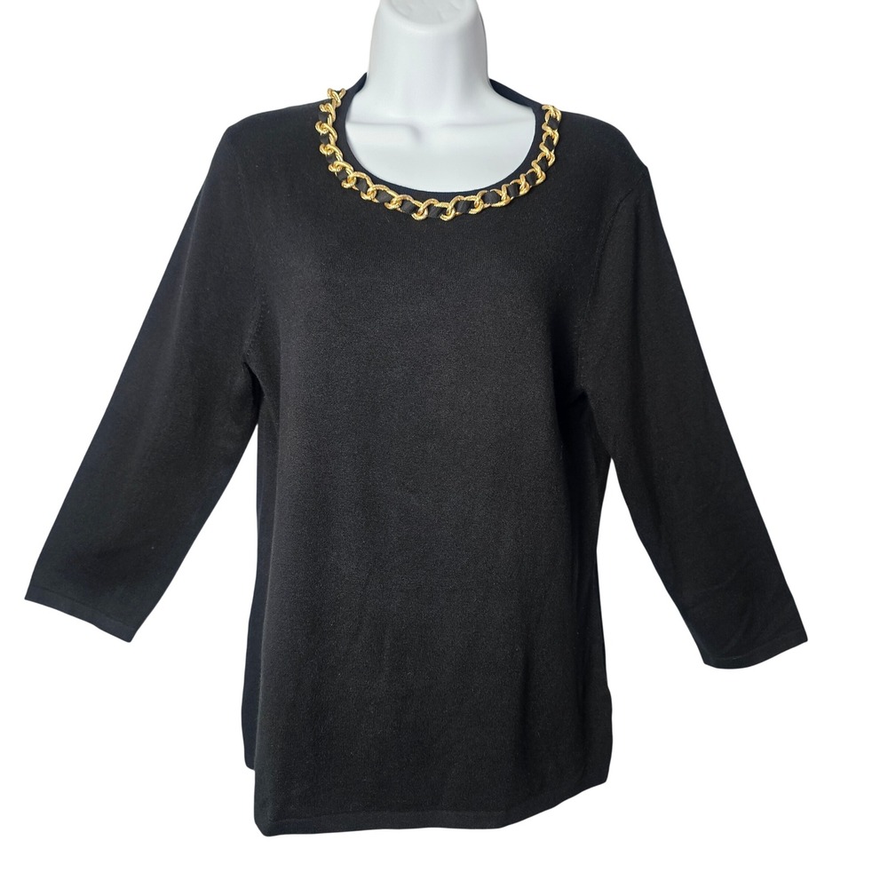 J.McLaughlin Gold Chain Neckline Knit Top L Black Quiet Luxury Preppy Classic